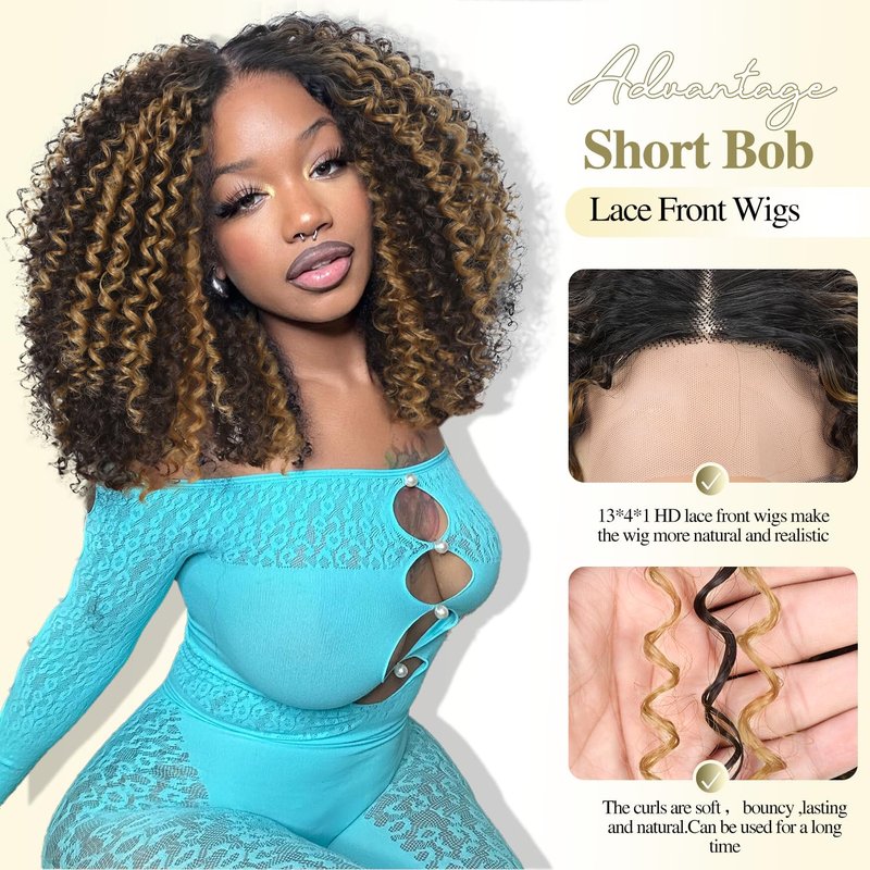 WIGER 15 inch Short Bob Lace Front Wigs 13X4X1 Curly T Part Wigs Middle Part Afro Kinky Curly Wigs Natural Black Synthetic Curly Wig For African American women