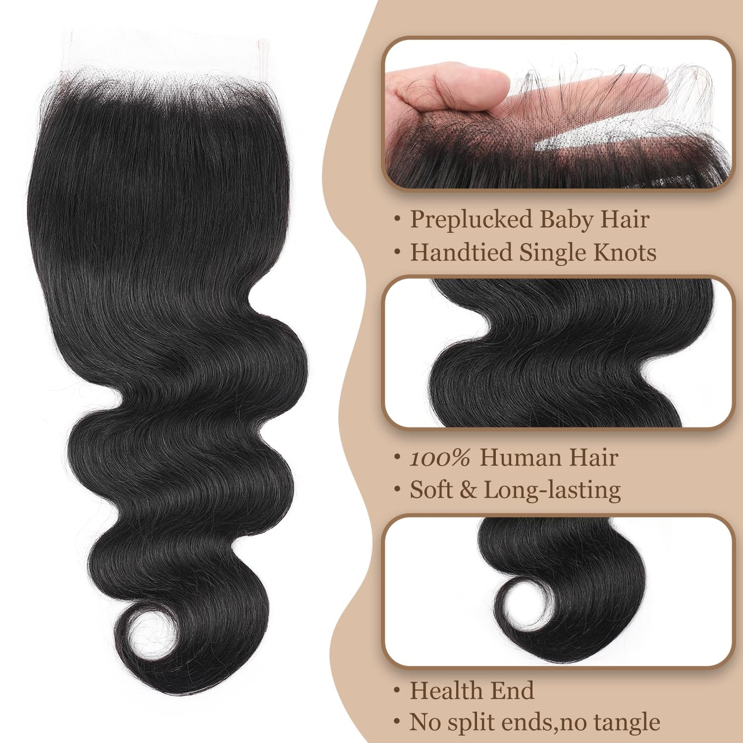 5x5 HD Lace Closure for Woman 16 Inches Body Wave Human Hair Closure Lace Closure 12A Brazilian Human Hair Closure Pre Plucked With Baby Hair Natural Black
