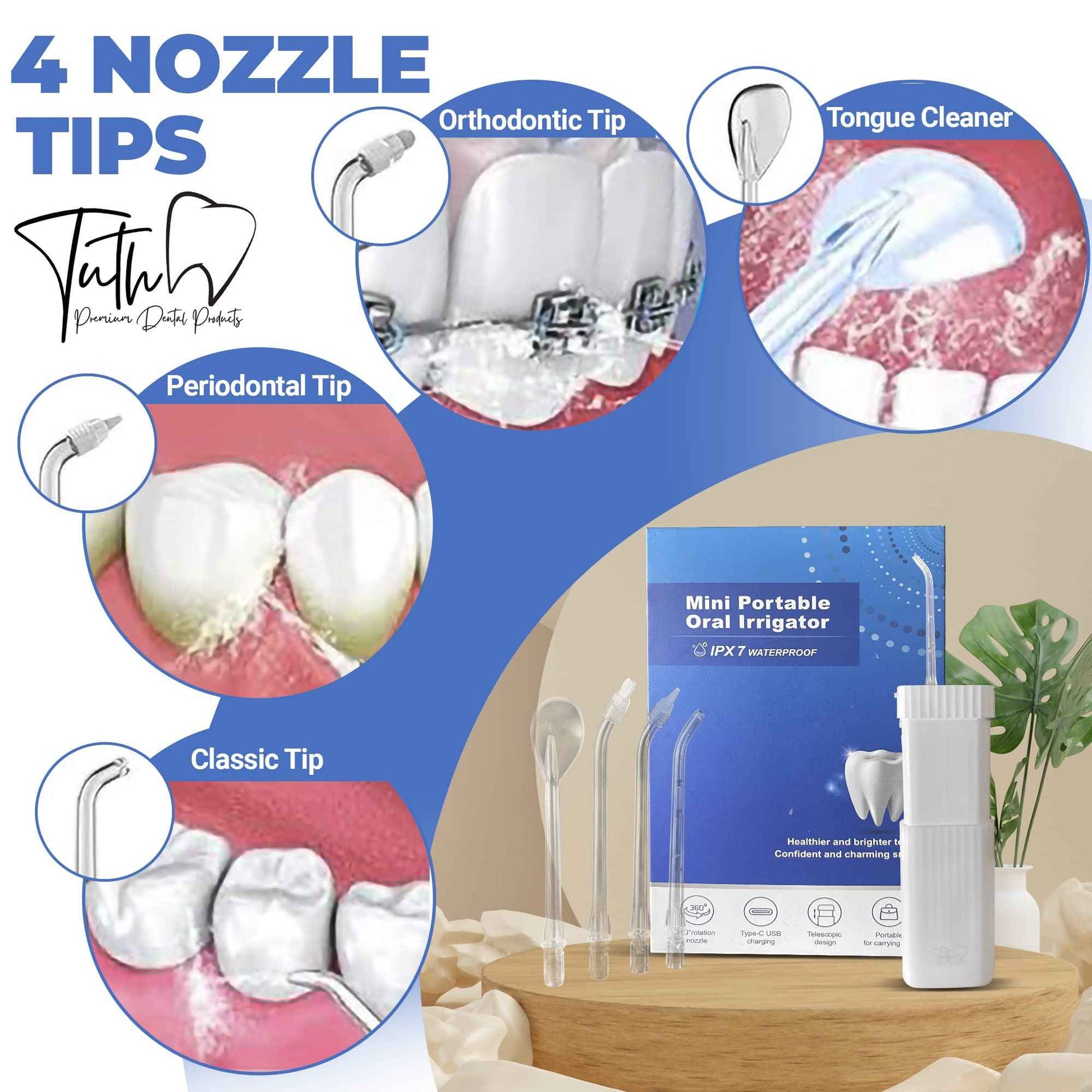 Tuth Premium Dental Products Water Flosser - Portable Oral Irrigator with 4 Interchangeable Tips - Gum, Tongue, Teeth Cleaner with 3 Jet Settings - Travel Friendly, IPX7 Waterproof, 4-Hour Charge Time