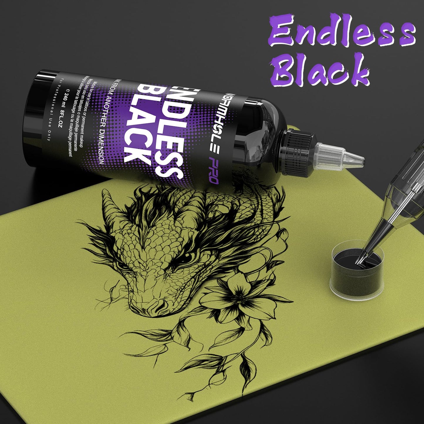 WORMHOLEPRO Black Tattoo Ink - Endless Black Ink, Long Lasting Vivid, Vegan Pigment for Old School, Tribal Tattoos (8 oz Bottle)