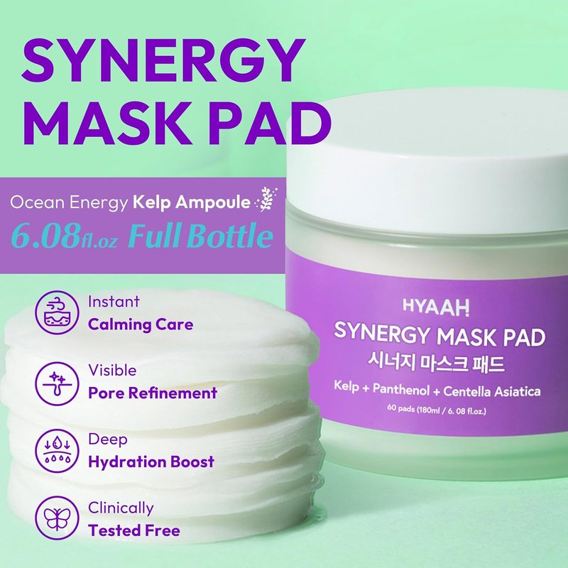Korean Face Toner Pads - Hydrating Kelp Seaweed Extract & Cica | 60 Soft Cotton Pads for Sensitive Skin