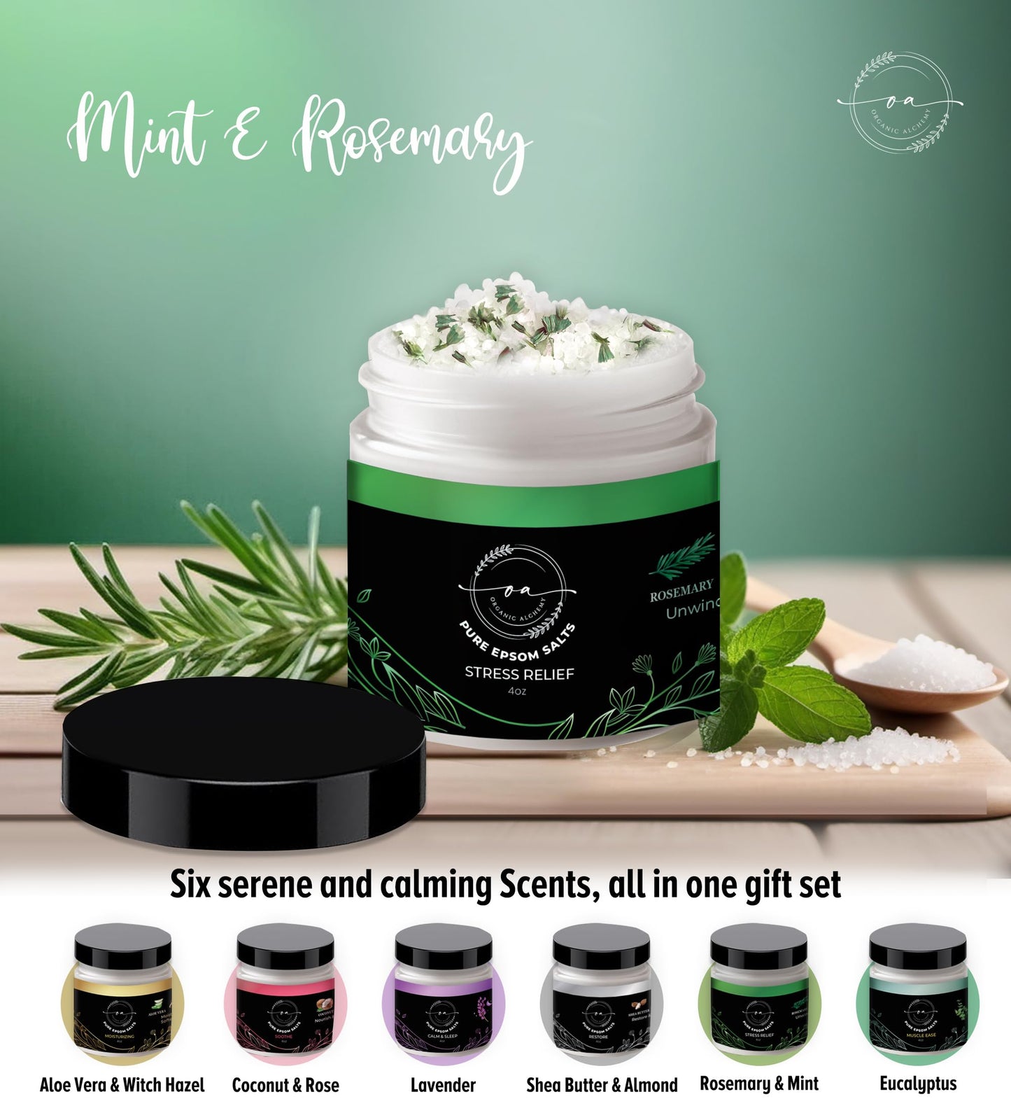 Epsom Bath Salts Gift Set, Relaxing Spa Salt & Essential Oils, Bubble Bath Soaks - Lavender, Eucalyptus, Coconut, Shea Butter, Rose Mary & Aloe Vera Self Care Gifts for Women (6 Pack)