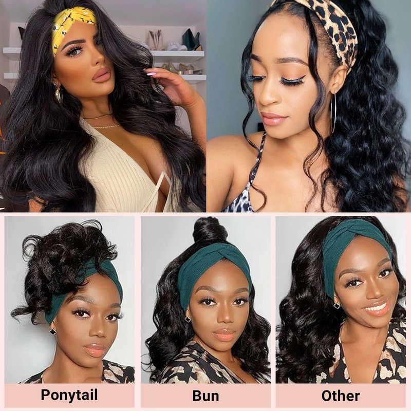 Looxey Body Wave Synthetic Headband Wigs for Black Women, Yaki 4C Half Wig Wear and Go Glueless Wig 180% Density Wavy Layered Wig Beginner Friendly for Daily Wear (Black, 20 Inch)