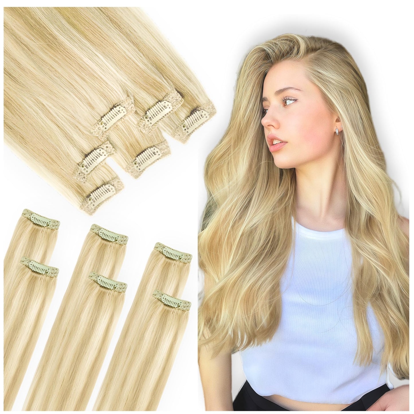 Single Clip In Hair Extensions Real Human Hair, Short Hair Extensions Clip Ins, Remy Balayage Highlight Seamless Hairpieces for Women 6 Pcs 14 Inch 36g Medium Brown Mixed Honey Blonde