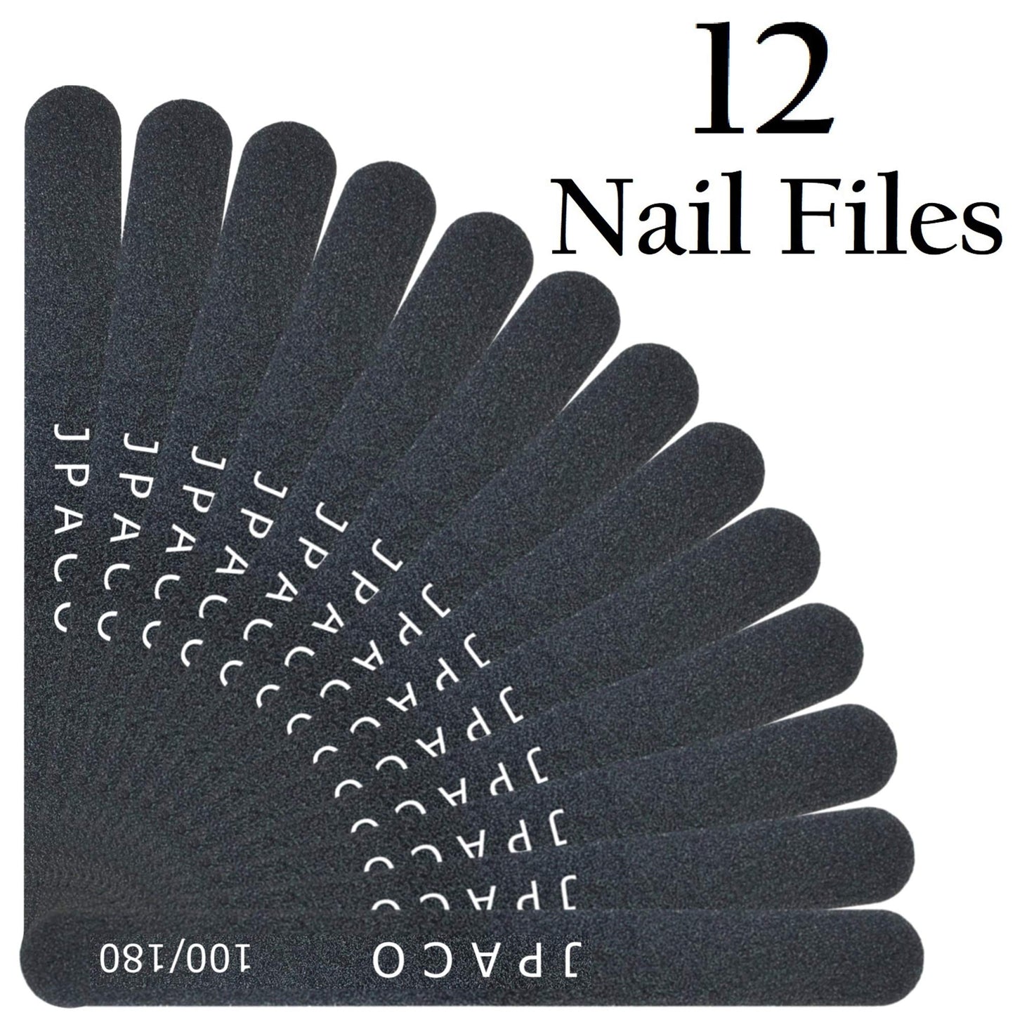 12-Pack Professional Nail Files: Double-Sided Emery Boards for Natural, Acrylic, Poly, and Gel Nails – Washable Black Manicure Tools Set by JPACO (100/180 Grit)