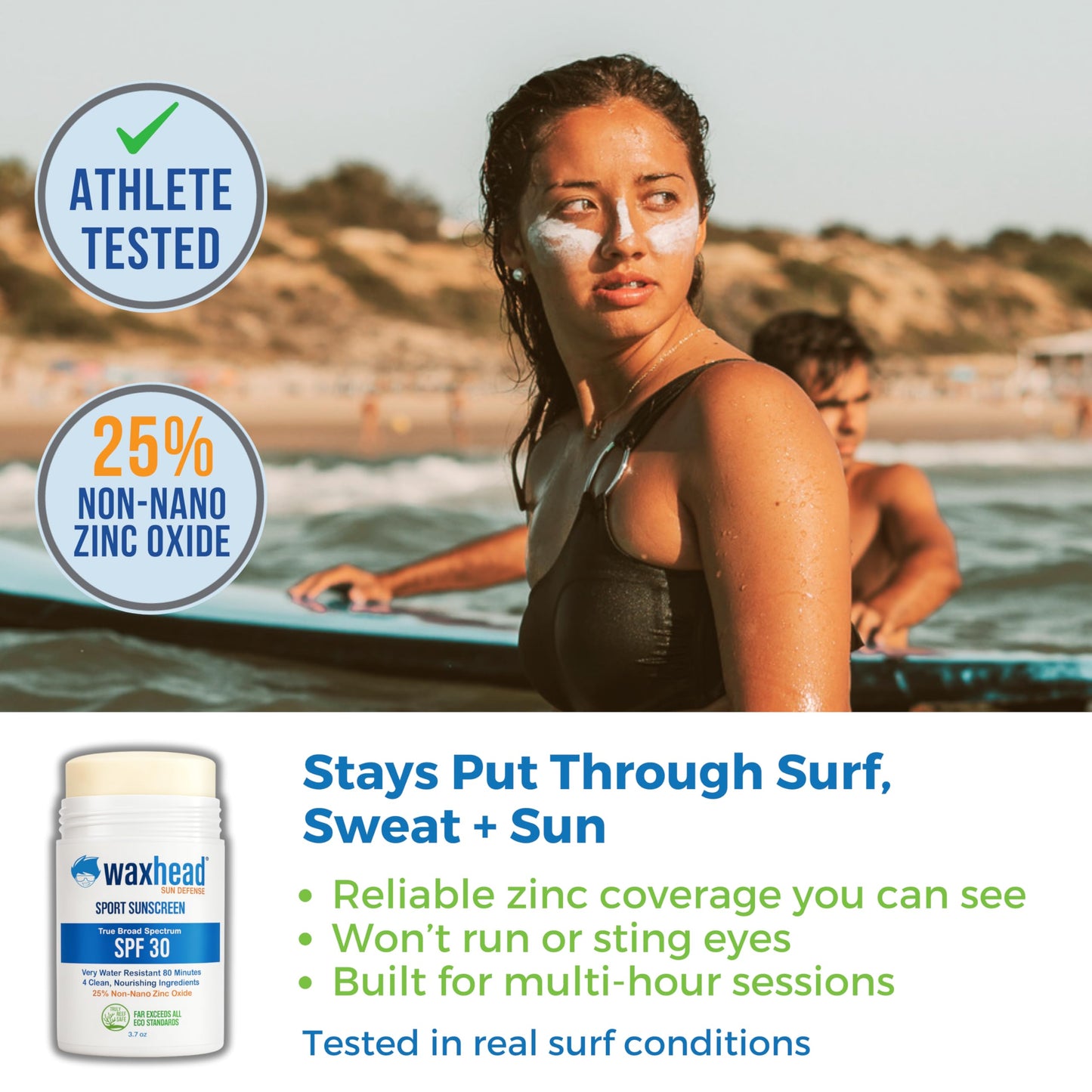 Waxhead Zinc Oxide Sunscreen Stick SPF 30, 4 Ingredients Mineral Sunscreen for Face & Body, EWG 1, Reef Safe Non-Nano, Baby & Kids Sensitive Skin, Water Resistant Sport Tattoo Sunblock, 3.7 oz