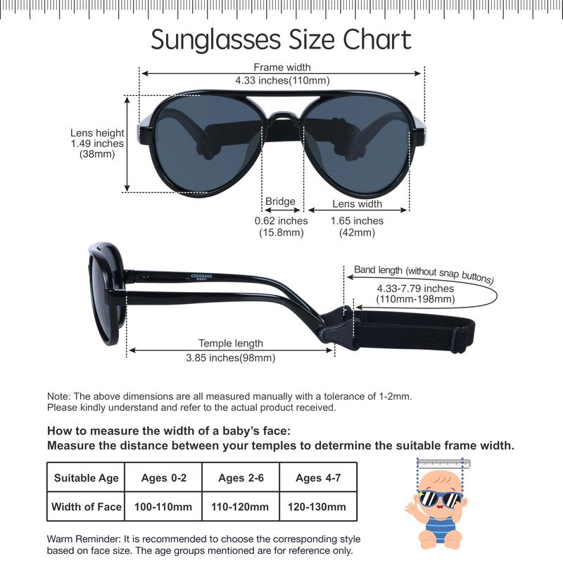 COCOSAND Baby Sunglasses with Strap Polarized Aviator Soft Silicone Nose Pads for Toddler Girls Boys Age 0-24 Months, Black