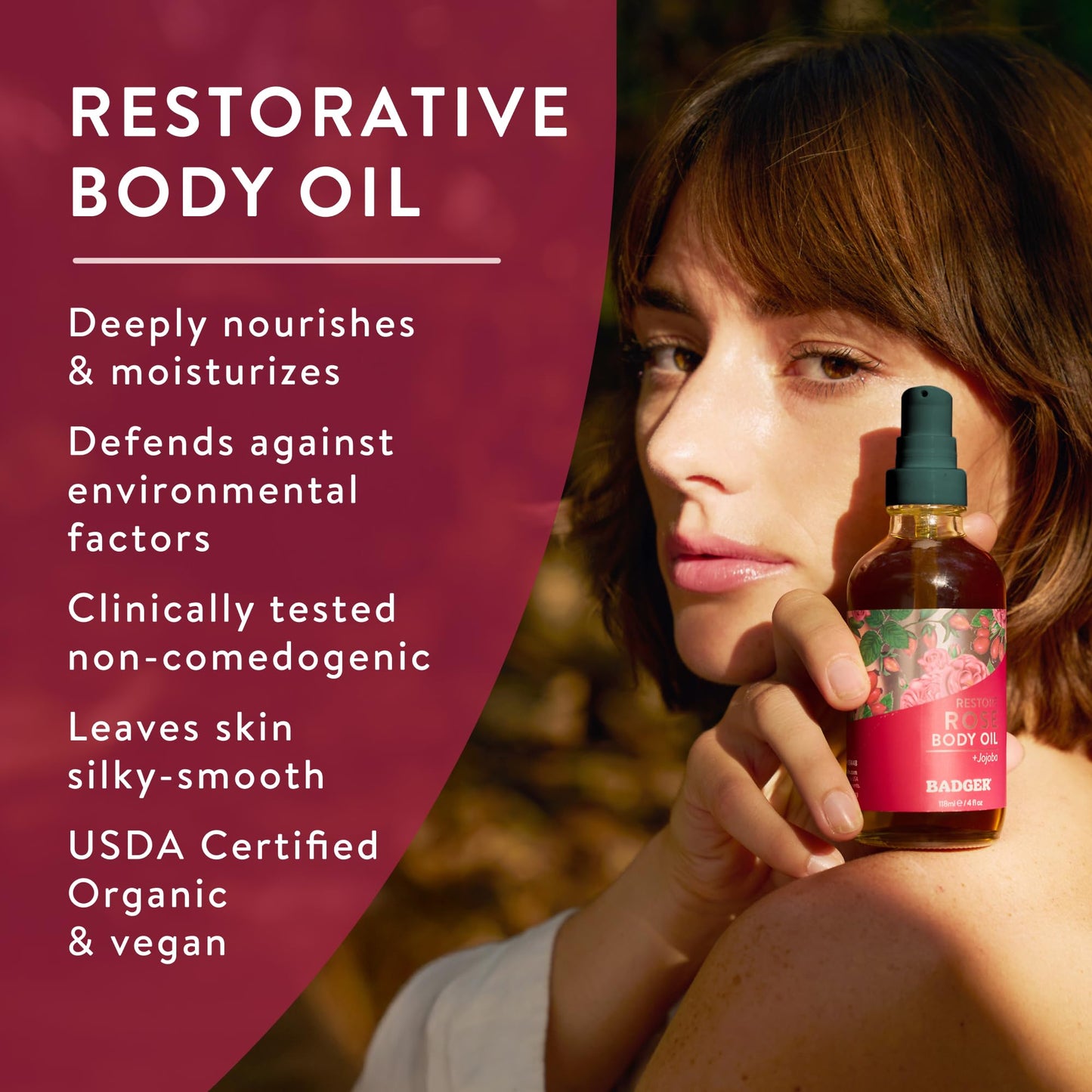 Badger Rose Body Oil, 100% Organic Rose Scented Body Oil, All Natural Body Moisturizer, Organic Jojoba & Rose Oils Soothe Dry Skin, 4 fl oz Glass Bottle