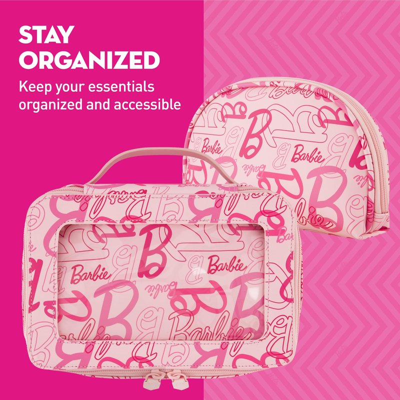 Concept One Barbie 2-Piece Women's Makeup Bag, Two Zipper Travel Cosmetic Zipper Pouch Organizer with Logo, Pink