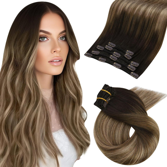 Moresoo Clip in Hair Extensions Ombre Dark Brown to Dark Ash Blonde with Blonde Balayage Hair Extensions Clip in Human Hair Double Weft 5pcs/80g 16inch