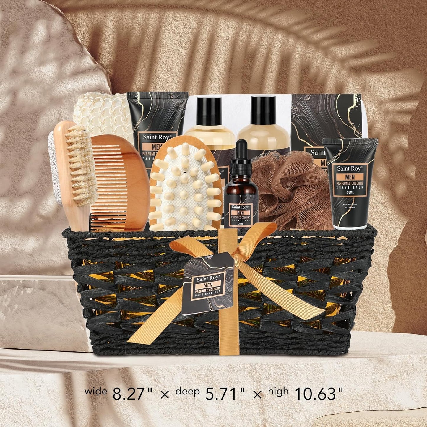 Men's Bath Perfume Gift Set - 14 Pcs Spa Basket with Classic Perfume, Shaving Kit, Beard Oil & Face Care Essentials