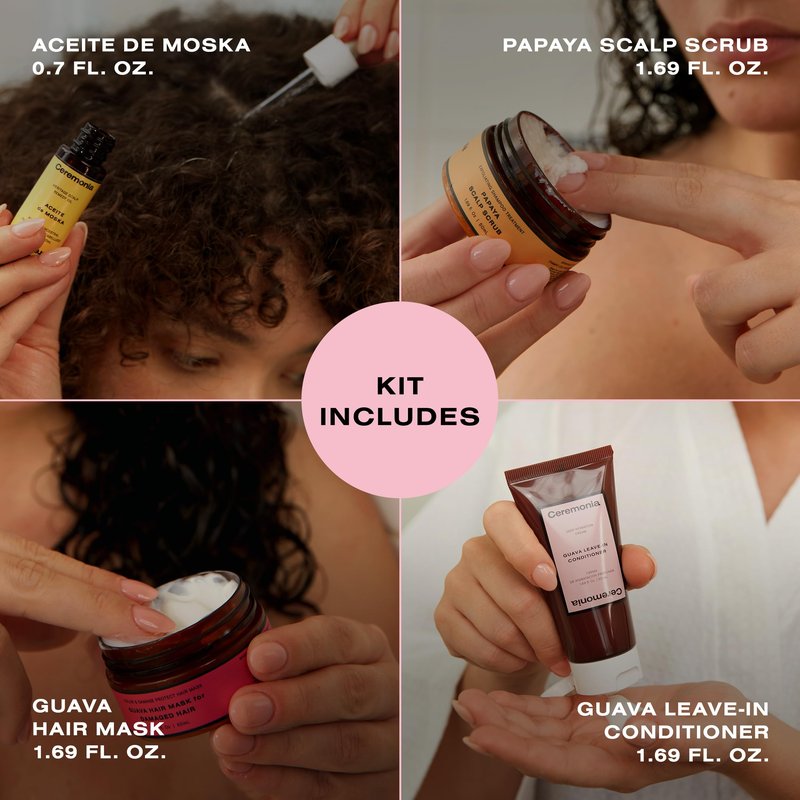 Ceremonia The Hair Wellness Kit | Weekly Deep Cleanse & Hydration Routine | 4 Piece Travel-Size Set Includes Scalp Oil, Shampoo Scrub, Hair Mask, Leave-In Conditioner