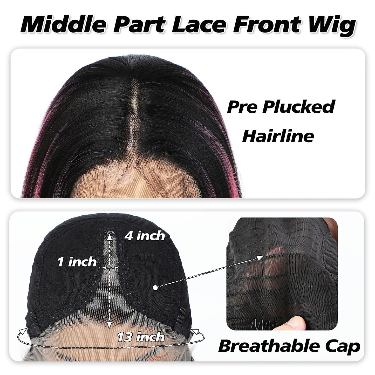 FABÉLLE Black and Pink Highlight Wig Lace Front Wigs Pre Plucked with Baby Hair Glueless Wig 26 Inch Long Straight for Women Pink Color Forehead Synthetic 13×4×1 Lace Front Wig