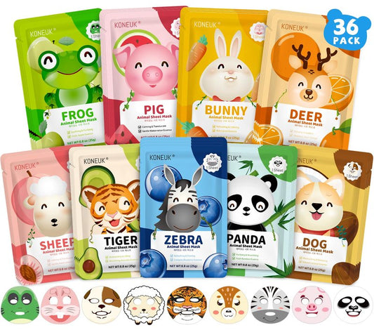 KONEUK 36 Pack Cute Animal Kids Face Mask, Sheet Collagen Moisturizing Face Mask for Girls Teens, Sleepover Party Supplies, Bulk Spa Party Gifts and Birthday Gifts