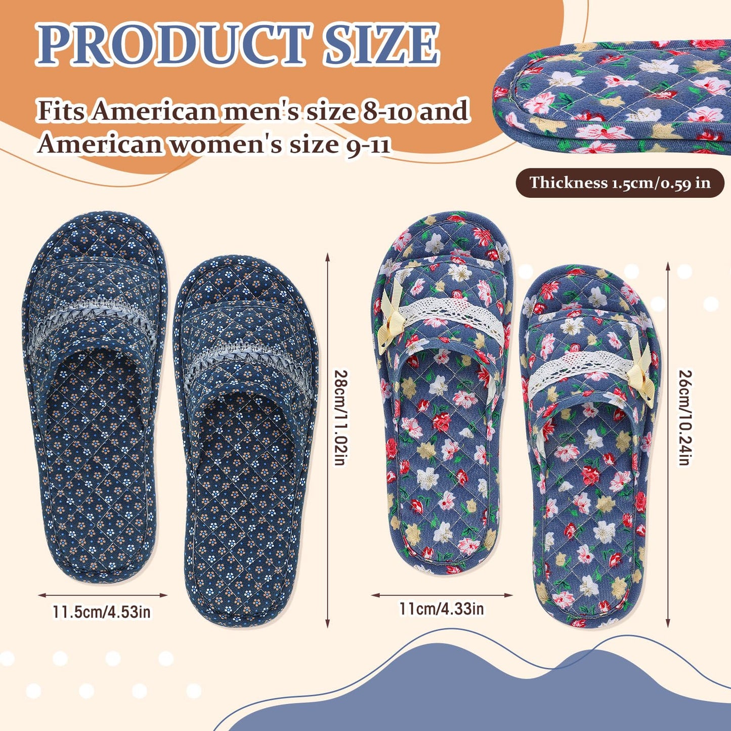 Mepase 8 Pairs Cotton House Indoor Slippers for Guests Washable Home Open Toe Floral Slippers for Women Men