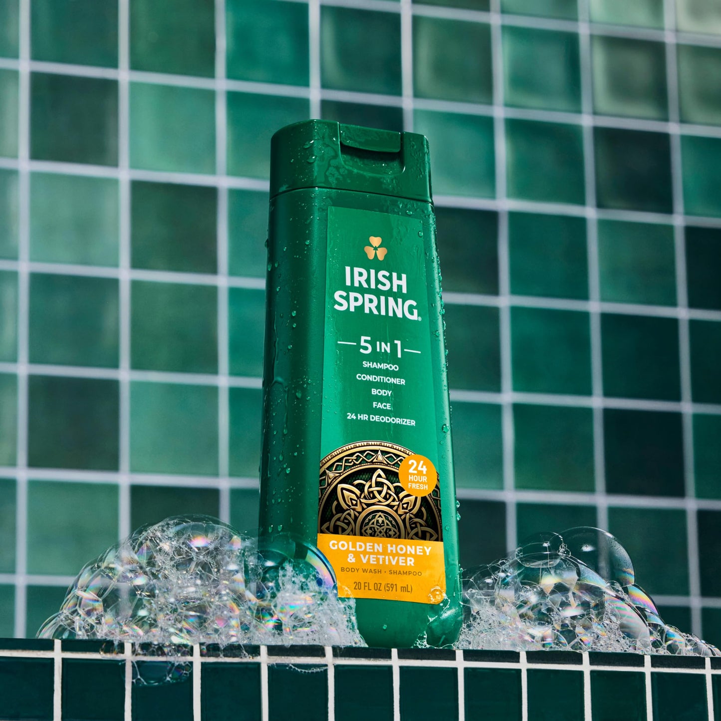 Irish Spring 5 in 1 Moisturizing Body Wash for Men, Shampoo, Conditioner, Body and Face Wash, and 24 Hour Deodorizer, Paraben-Free, Golden Honey & Vetiver Scent, 20 fl oz, 4 Pack
