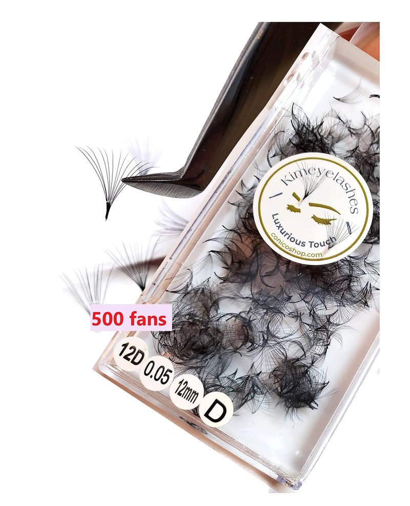 Kimeyelashes 8D 9D 10D 12D - 0.05 C and D Curl 500-1000 Premade volume fans loose Fans, Handmade eyelash extensions supplies Russian volume lash promade fan (14mm, 12D - Curl C (500 fans))