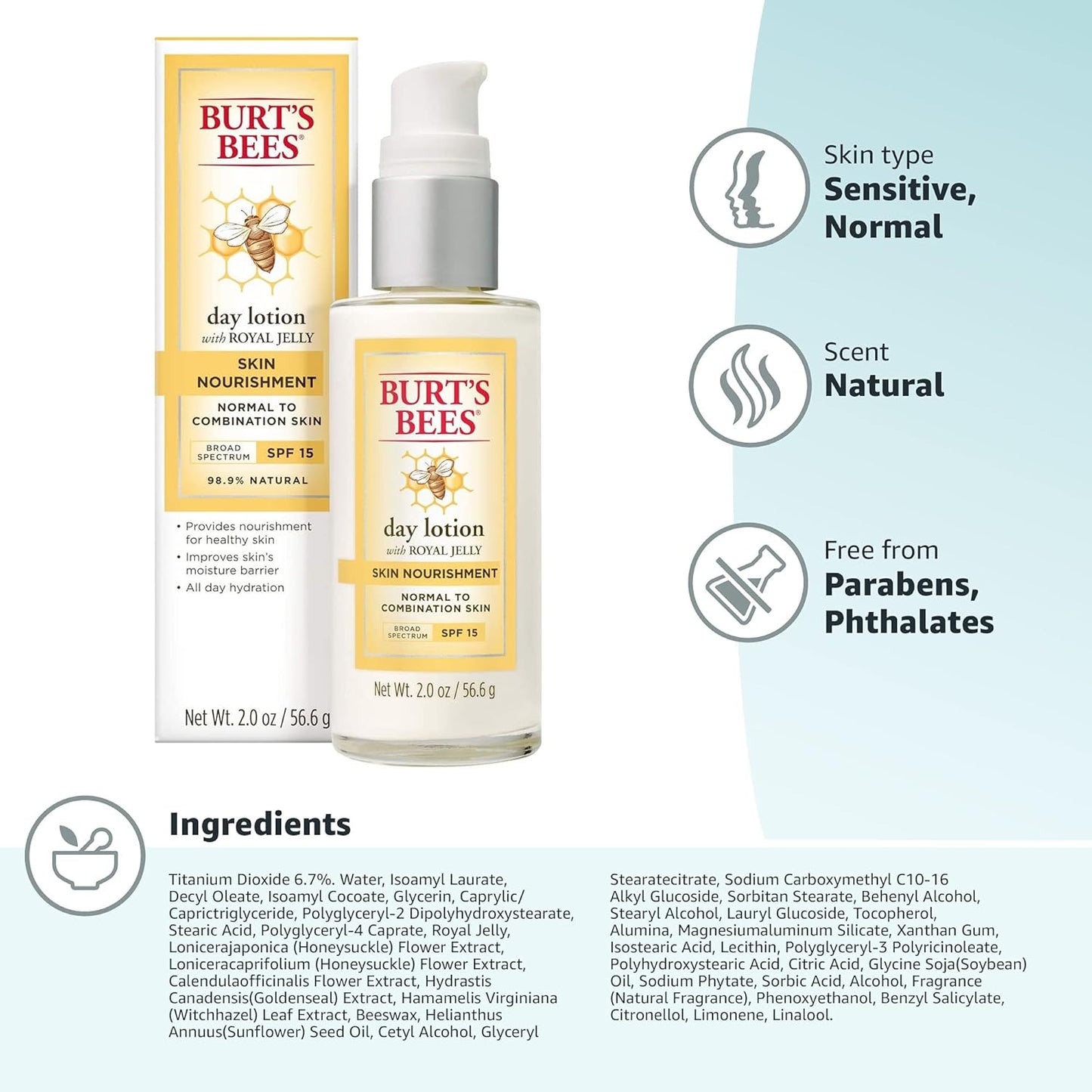 Burt's Bees Nourishment Day Lotion - SPF 15 for Normal to Combination Skin | 2 Fl Oz, Natural Formula