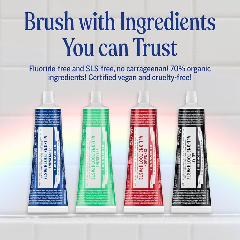 Dr. Bronner’s All-One Toothpaste Variety Pack - Peppermint & Spearmint | 70% Organic, Fluoride-Free, Vegan (5oz, 4-Pack)