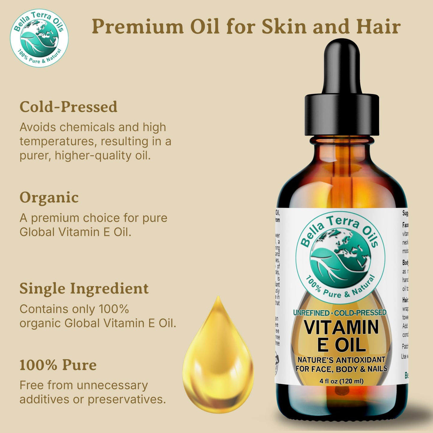Bella Terra Oils Natural Vitamin E Oil 8oz – Moisturizing Wheat Germ Oil for Face, Body & Hair Care