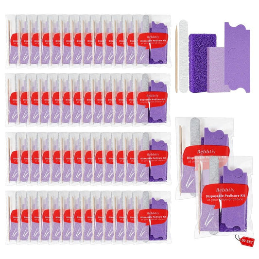 Disposable Pedicure Kit Sets, 5 in 1 Nail Salon Manicure Pedicure Kit Professional, Nail File, Pumice Pad, Mini Buffer, Toe Separator, Wood Stick, Individually Package (50, Count, 80/100 Grit)