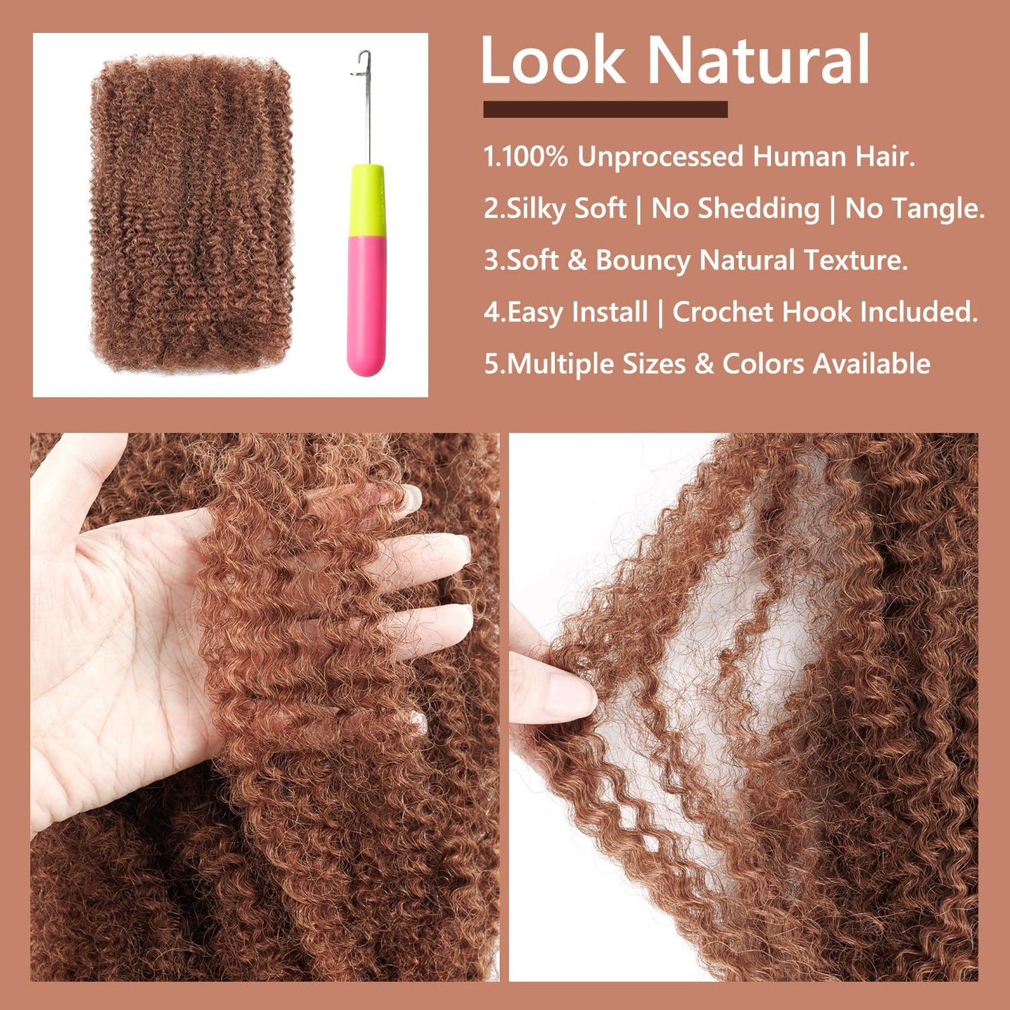 EV&ET Pre-sretched Afro Kinkys Bulk Human Hair Human Hair for Locs/Twists/Braids/Repair Locs Afro Kinky Curly Bulk Can Bleach And Dye(#30,14inch 50g)