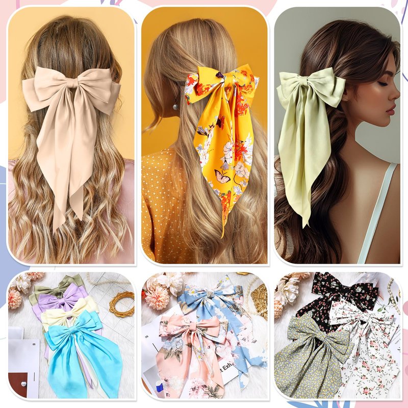 Mimorou 36 Pcs Big Hair Bows for Women Silky Satin Hair Bows Bulk Oversized Long Tail Black White Hair Bow Large Hair Ribbons Hair Clips Barrettes Large Metal Clips Bowknot Hair Accessories Gift