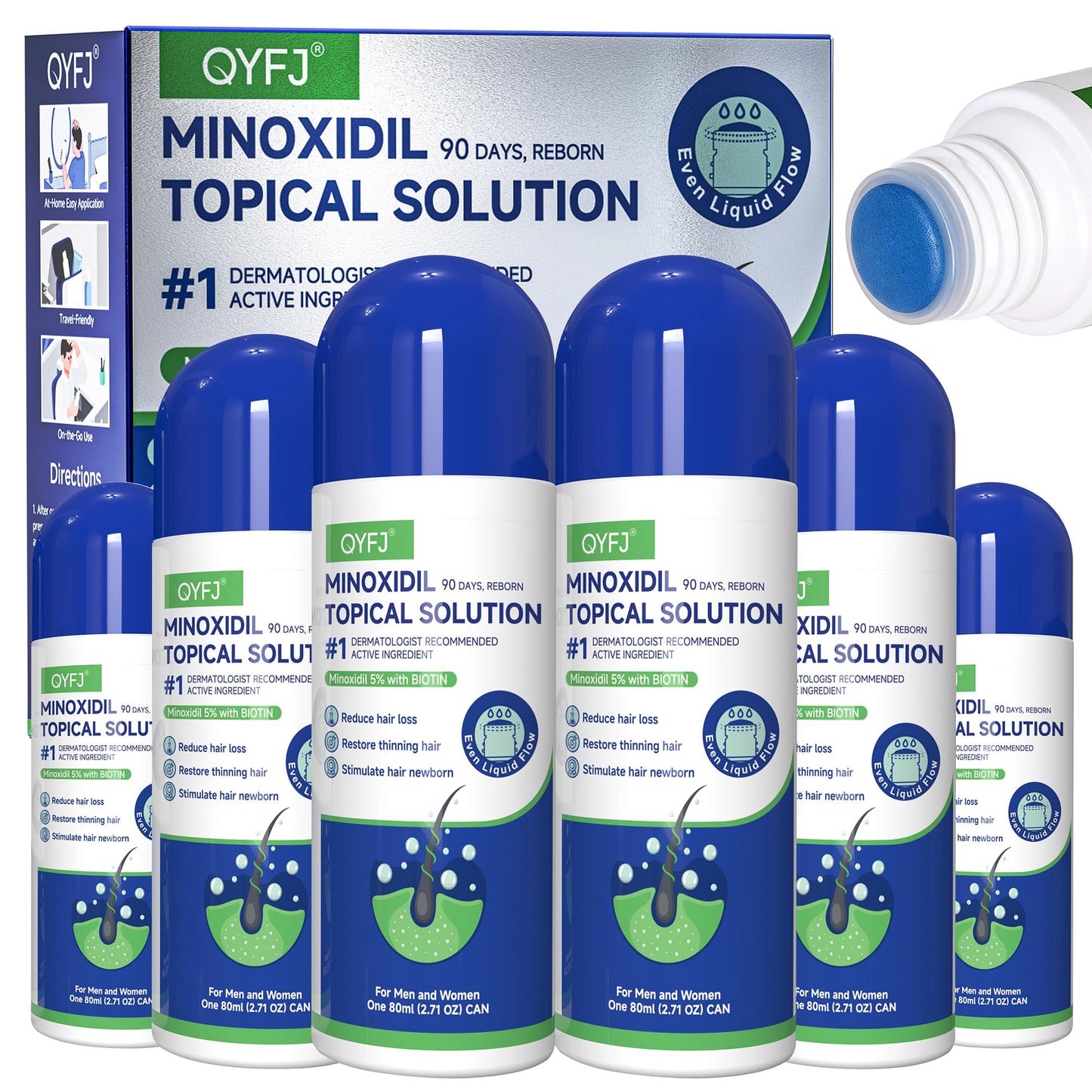 6 Pack 5% Minoxidil for Men and Women,Minoxidil Beard and Hair Growth Serum(Biotin-Infused) with Sponge Applicator for Thinning Hair and Sparse Beards,8-Month Supply 6 x 2.7 FL OZ
