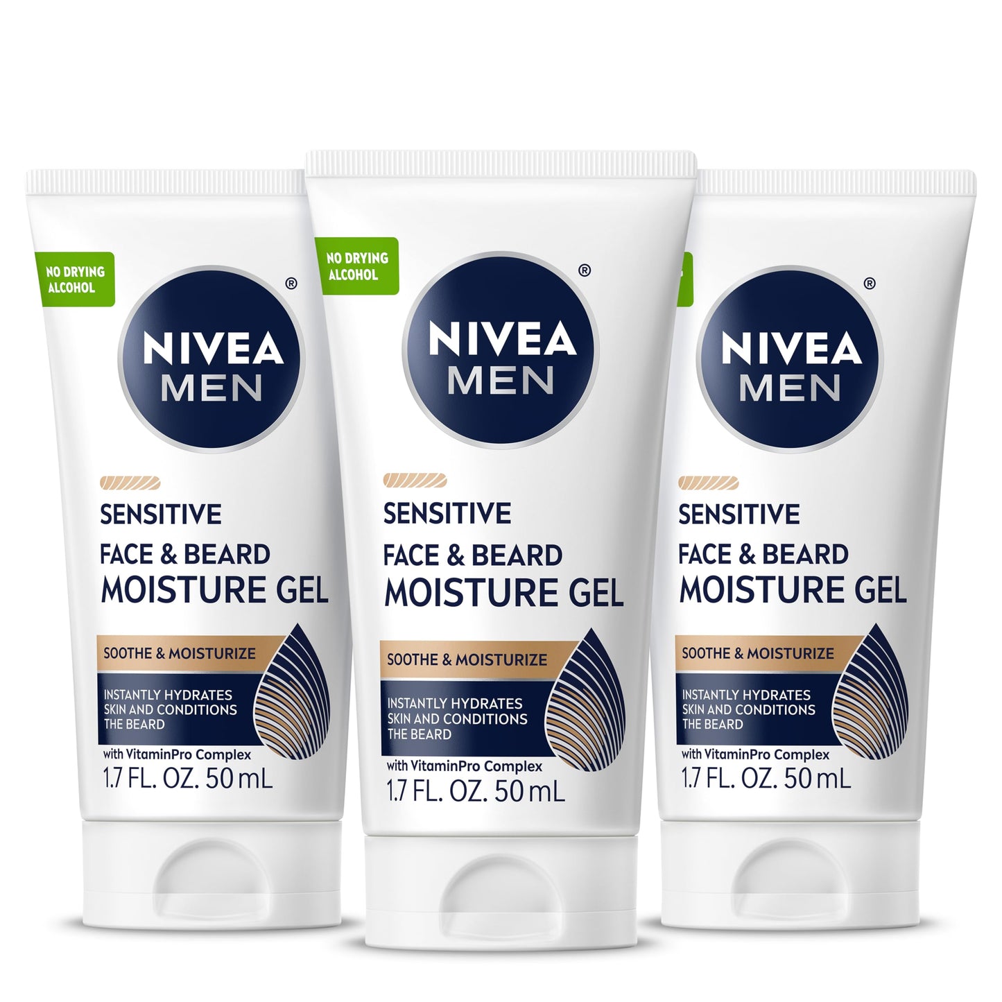 NIVEA MEN Sensitive Face and Beard Moisture Gel, Gentle Face and Beard Moisturizer for Men Instantly Hydrates Skin and Conditions Beards, 1.7 Fl Oz Tube, Pack of 3