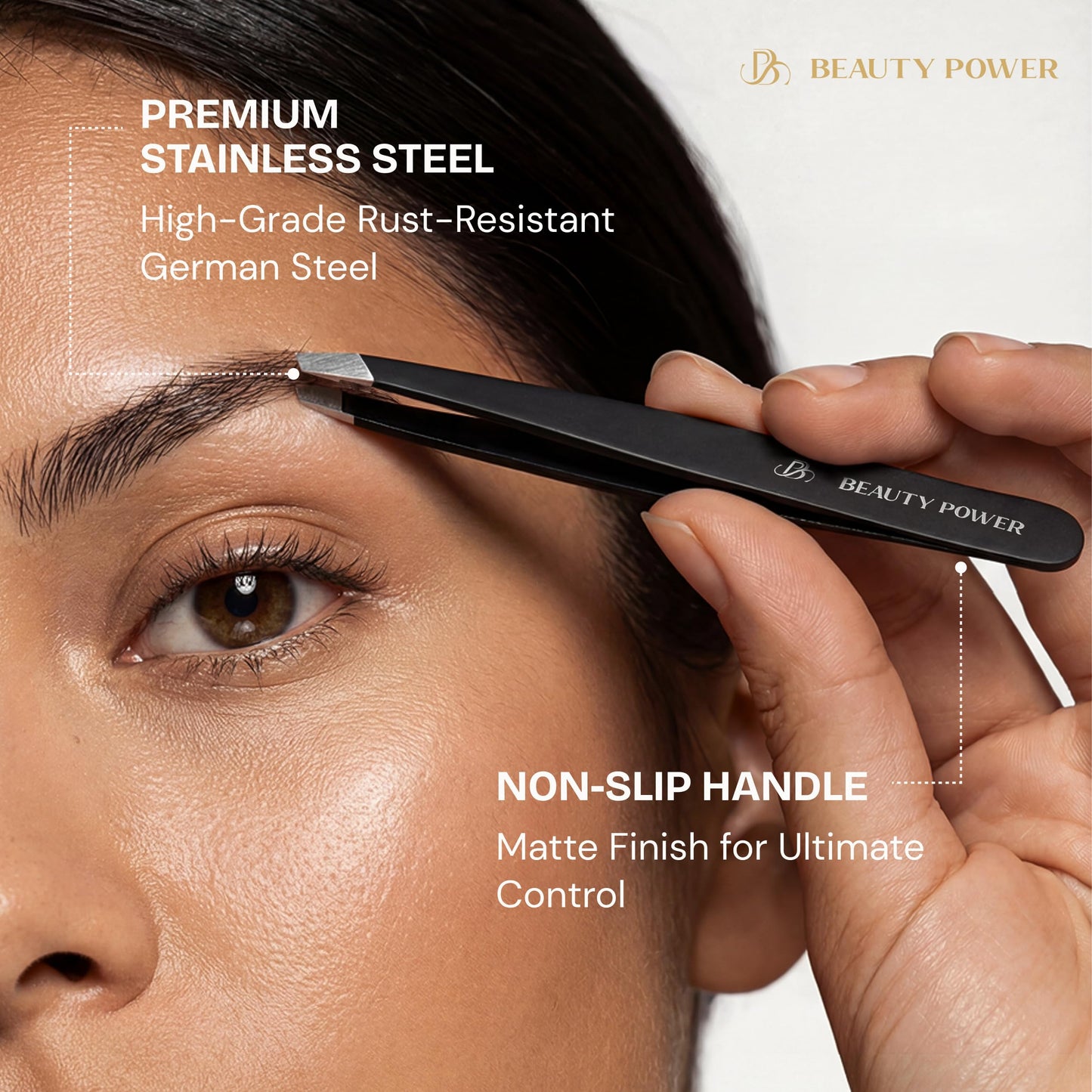 Beauty Power Precision Tweezers for Women Facial Hair & Men - Professional Tweezers Set with Slant & Point Tips, German Stainless Steel, Black PU Leather Case, Lightweight & Ultra Precision - Gift