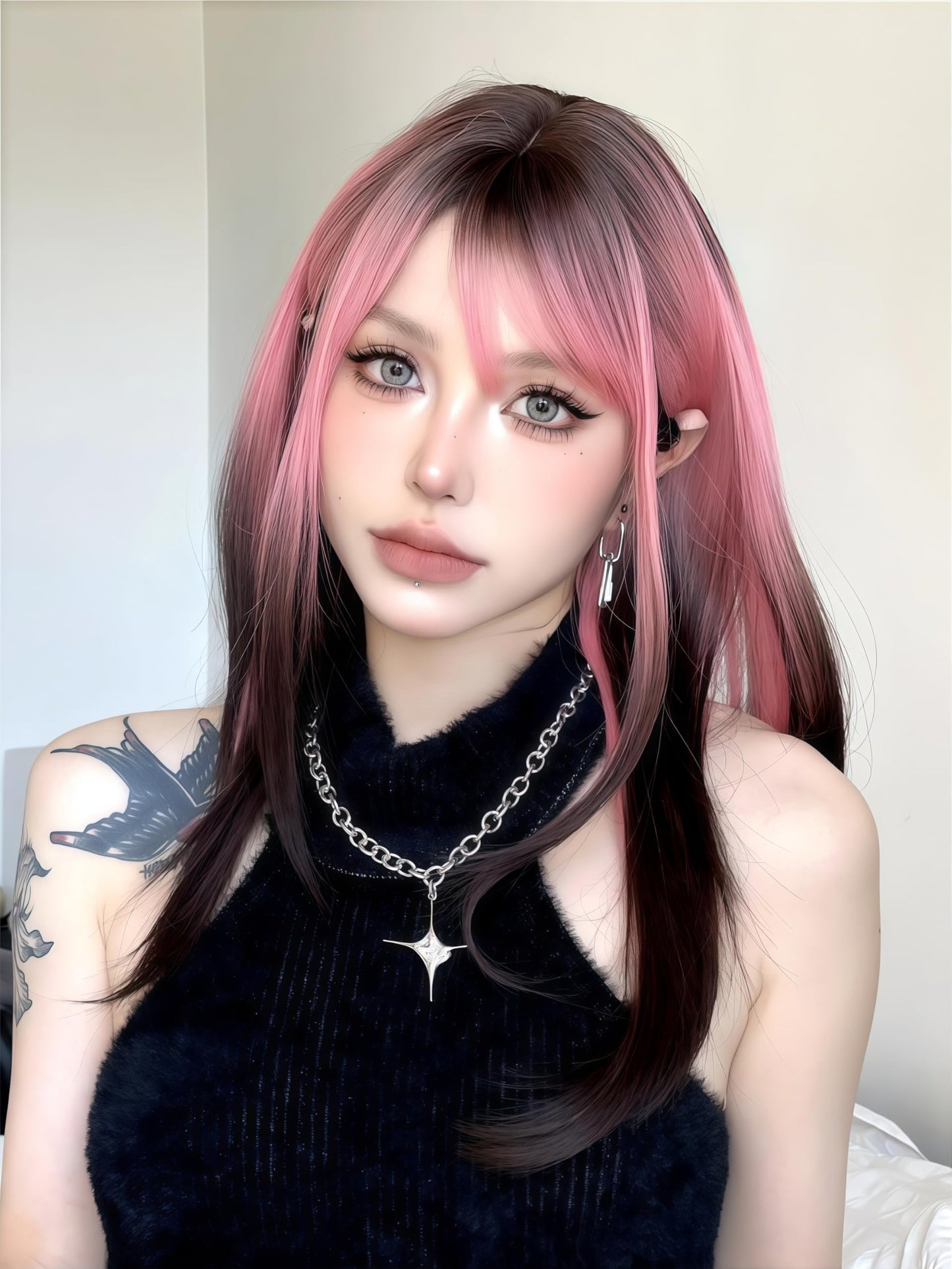 Aadesso Half-Pink Half-Black Long Straight Wig 65cm Blunt Bangs Daily Synthetic Hair for Women East Asian Fashion K-pop Style Two-Tone Heat Resistant wig cap (25.6 Inch)