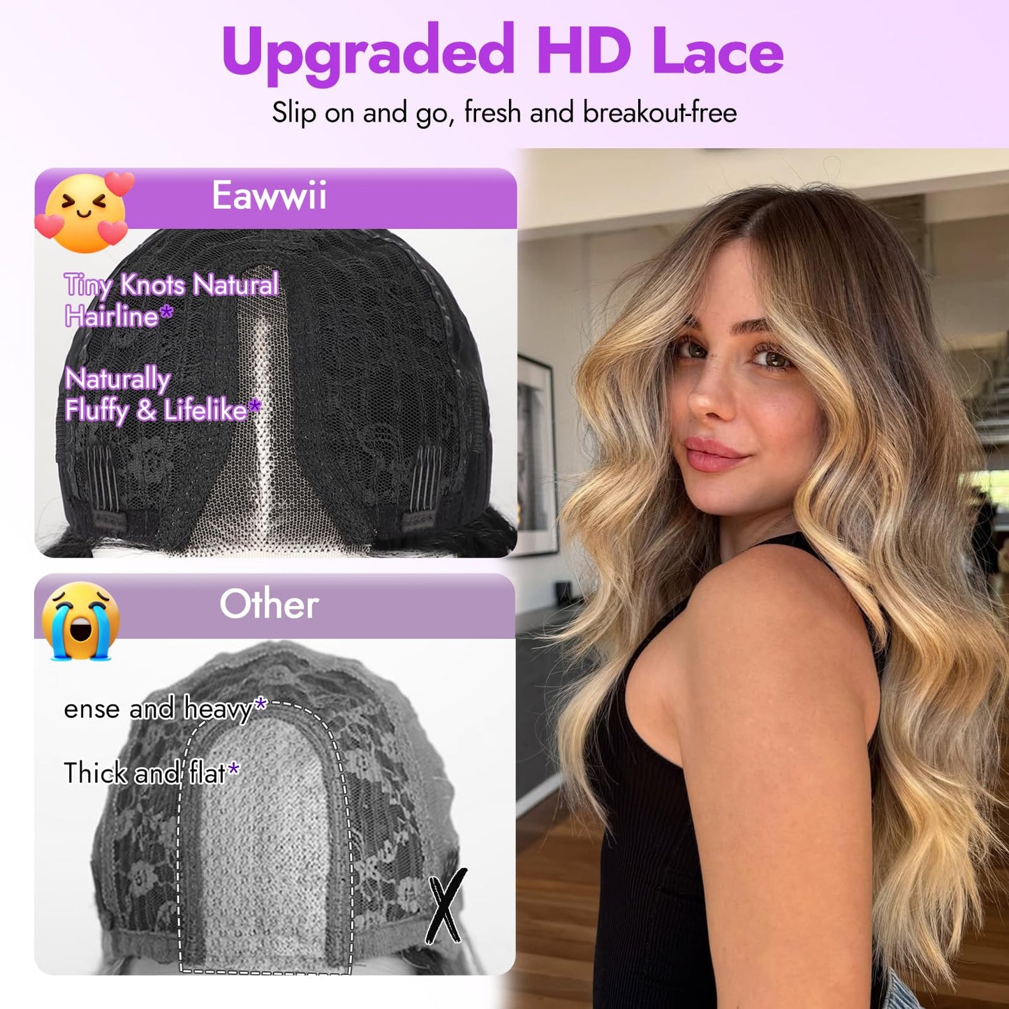 Eawwii Ombre Blonde Wig for Women Long Wavy 4x1 Lace Natural Hairline Glueless for Beginners Middle Part Synthetic for Daily Party Use 26Inch