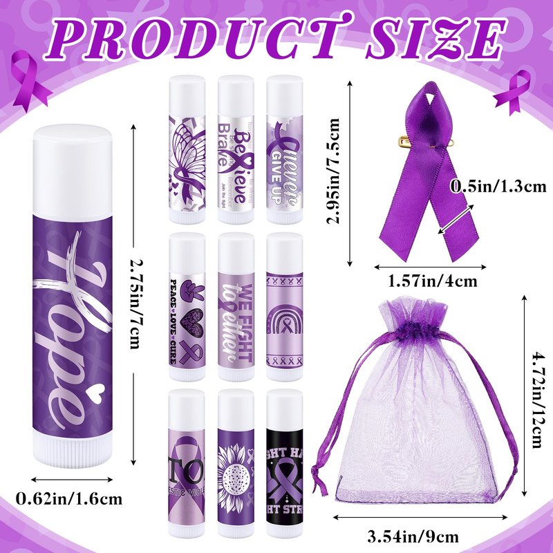 Linyuthia 50 Set Purple Ribbon Awareness Lip Balms Gifts 50 Organza Bags 50 Purple Awareness Ribbon Pins Raise Awareness for Domestic Violence Pancreatic Cancer Lupus Alzheimer's Overdose Awareness