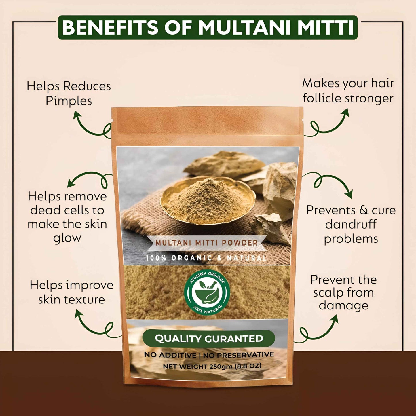 AYUSHKA ORGANIC Multani Mitti Powder | Fuller's Earth | Natural Skincare | Oil-Absorbing Beauty Treatment (8.8 OZ | 250 gm)