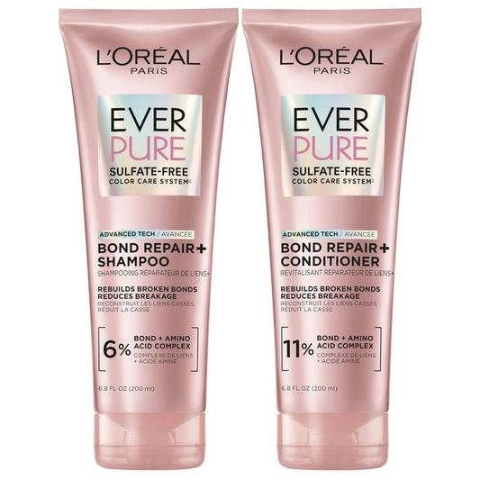 L'Oreal Paris Sulfate Free Bond Repair+ Shampoo and Conditioner Set with Bond + Amino Acid Complex, Strengthens and Repairs Damaged or Color Treated Hair, EverPure, 13.6 Fl Oz Set (Packaging May Vary)