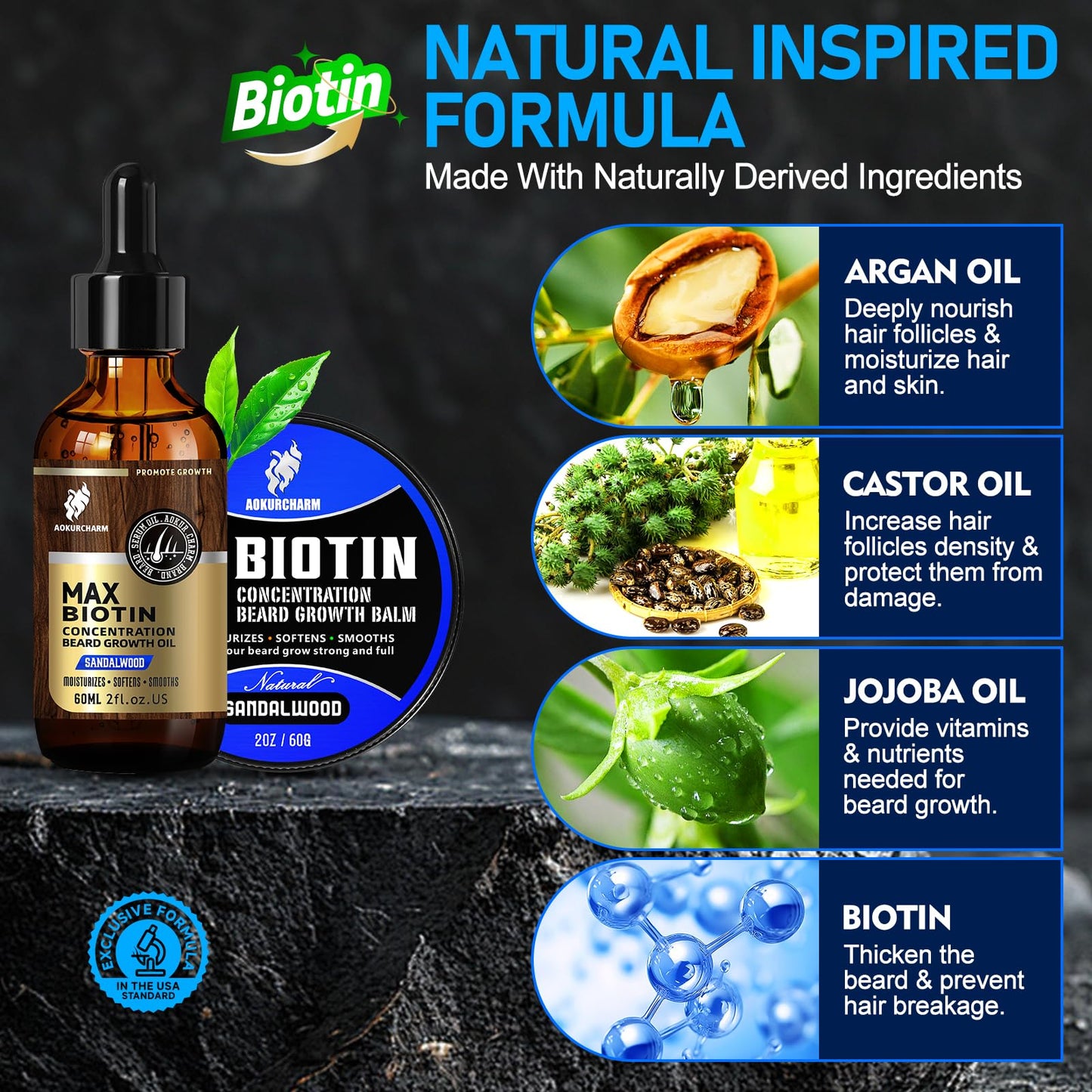 aokur 2 Pack Biotin Beard Growth Kit for Men – Sandalwood Beard Oil & Balm – Beard Care Set for Growth, Softening & Styling – Gift for Father’s Day & Christmas