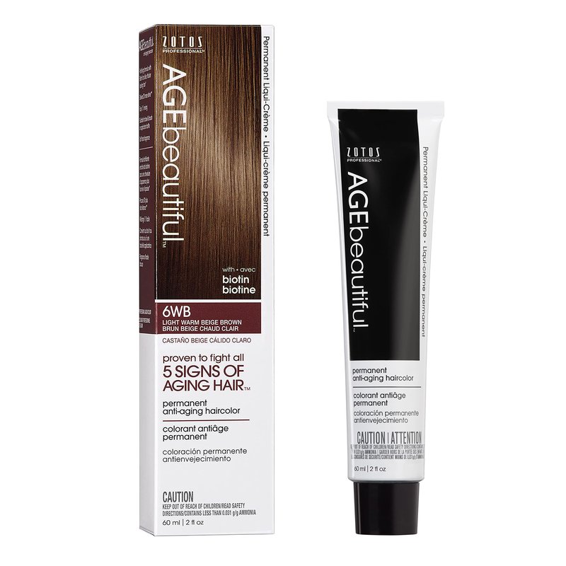AGE beautiful Permanent Hair Color Dye Liqui Creme | 100% Gray Coverage | Anti-Aging Haircolor | Biotin for Thicker, Fuller Hair | Professional Salon Coloring | 6WB Light Warm Beige Brown
