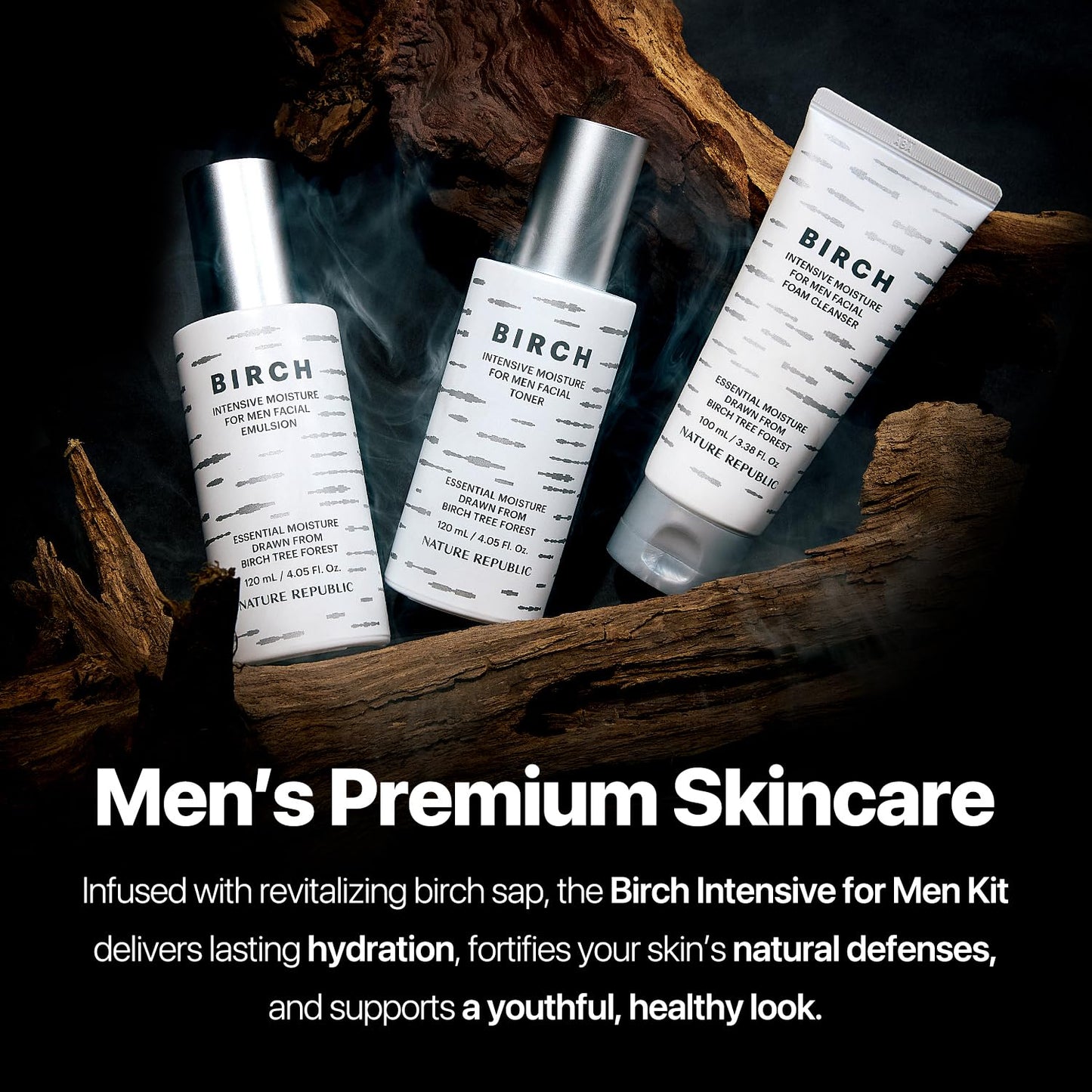 Nature Republic Birch Intensive for Men Skin Care Kit, Face Wash & Moisturizer for Hydrated Skin, Facial Toner (4.05 Fl.Oz) Emulsion (4.05 Fl.Oz) Cleaner (3.38 Fl.Oz), Korean Gift Sets