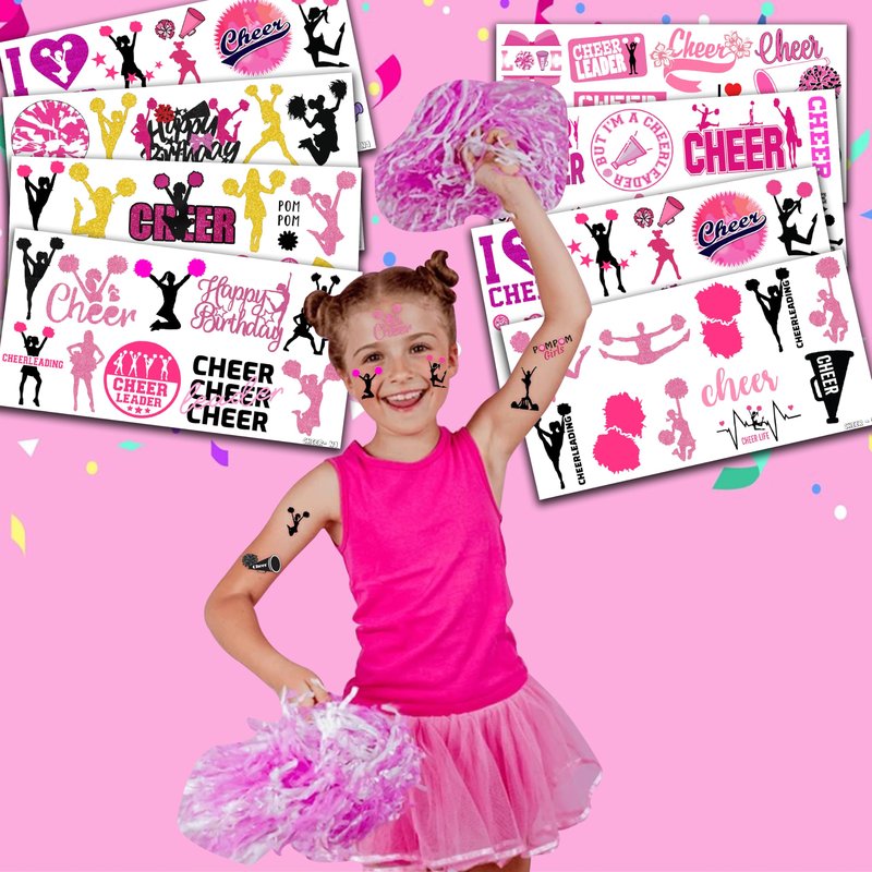 Cheerleading Temporary Tattoos 8 Sheets 82 PCS Cheer Party Decorations Supplies Favors Team Spirit Theme Birthday Cute Stickers Christmas Gifts for Boys Girls Class School Prizes Carnival