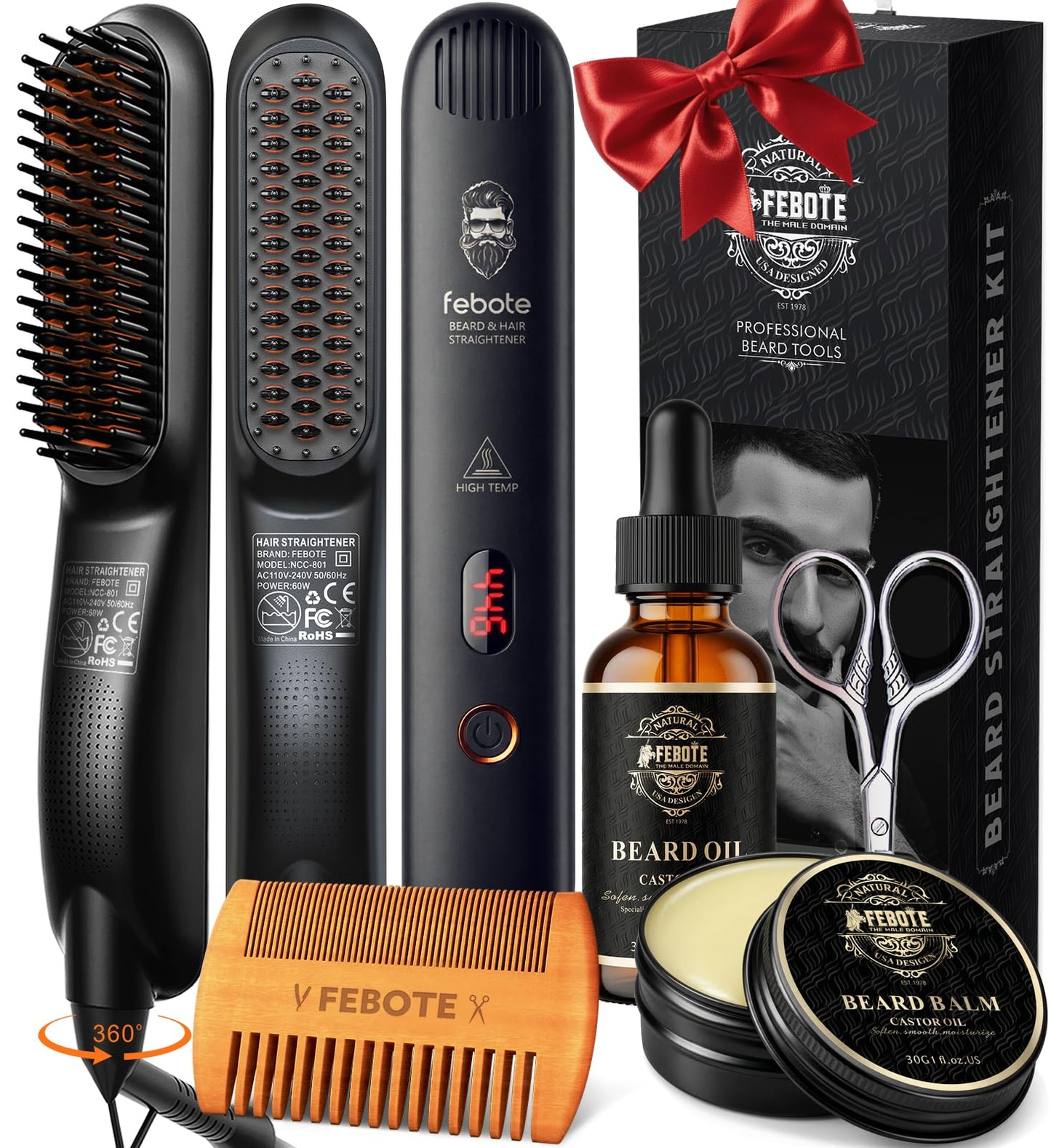 Beard Straightener Kit w/Beard Straightener, Beard Balm, Beard Growth Oil, Beard Styling Comb & Scissors, Upgraded 5-in-1 Beard Straightening, Unique Stocking Stuffer Gifts for Friend, Father & Him