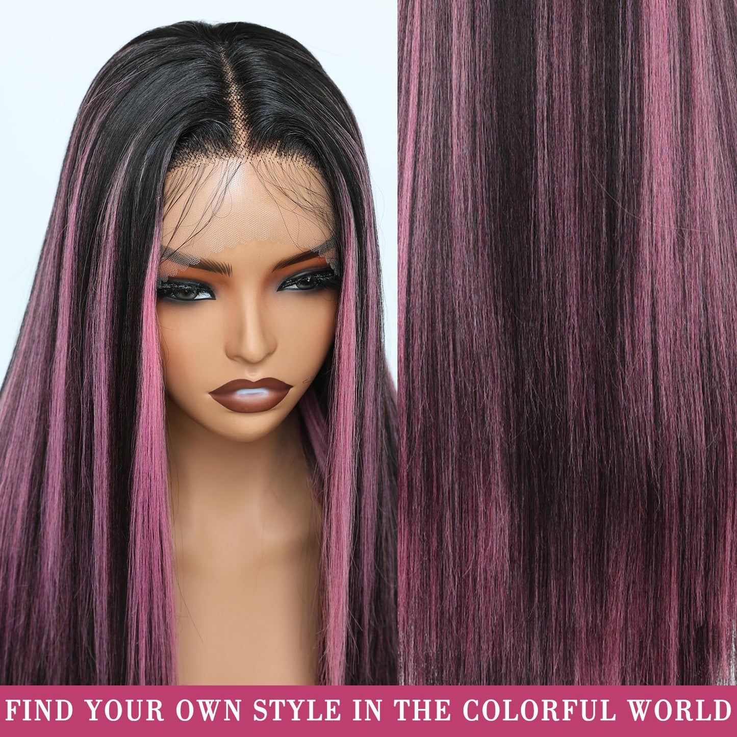 FABÉLLE Black and Pink Highlight Wig Lace Front Wigs Pre Plucked with Baby Hair Glueless Wig 26 Inch Long Straight for Women Pink Color Forehead Synthetic 13×4×1 Lace Front Wig