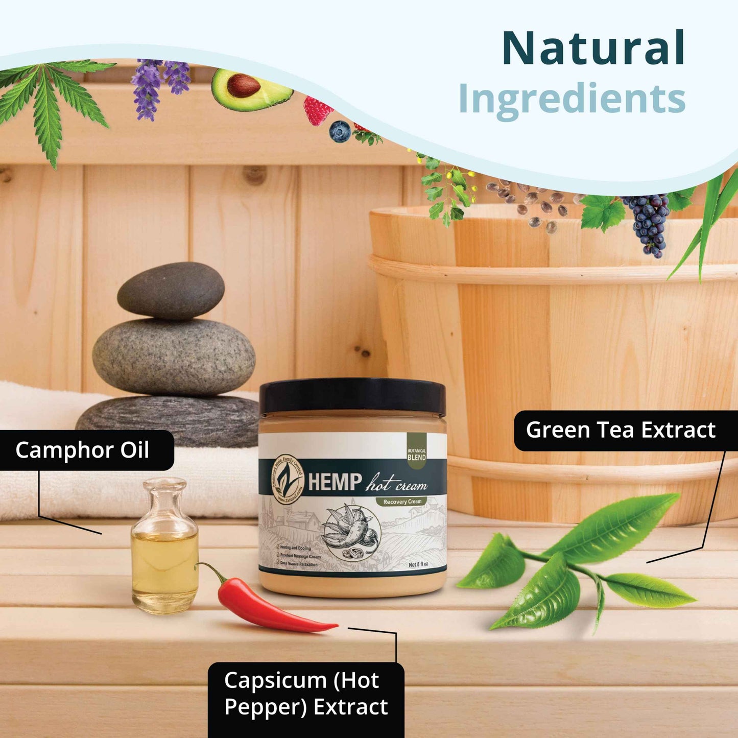 Zatural Hemp Hot Cream Massage Joints and Muscles and Body Wraps Essential Oil Blend, Aloe, Hemp, and More (8oz jar)