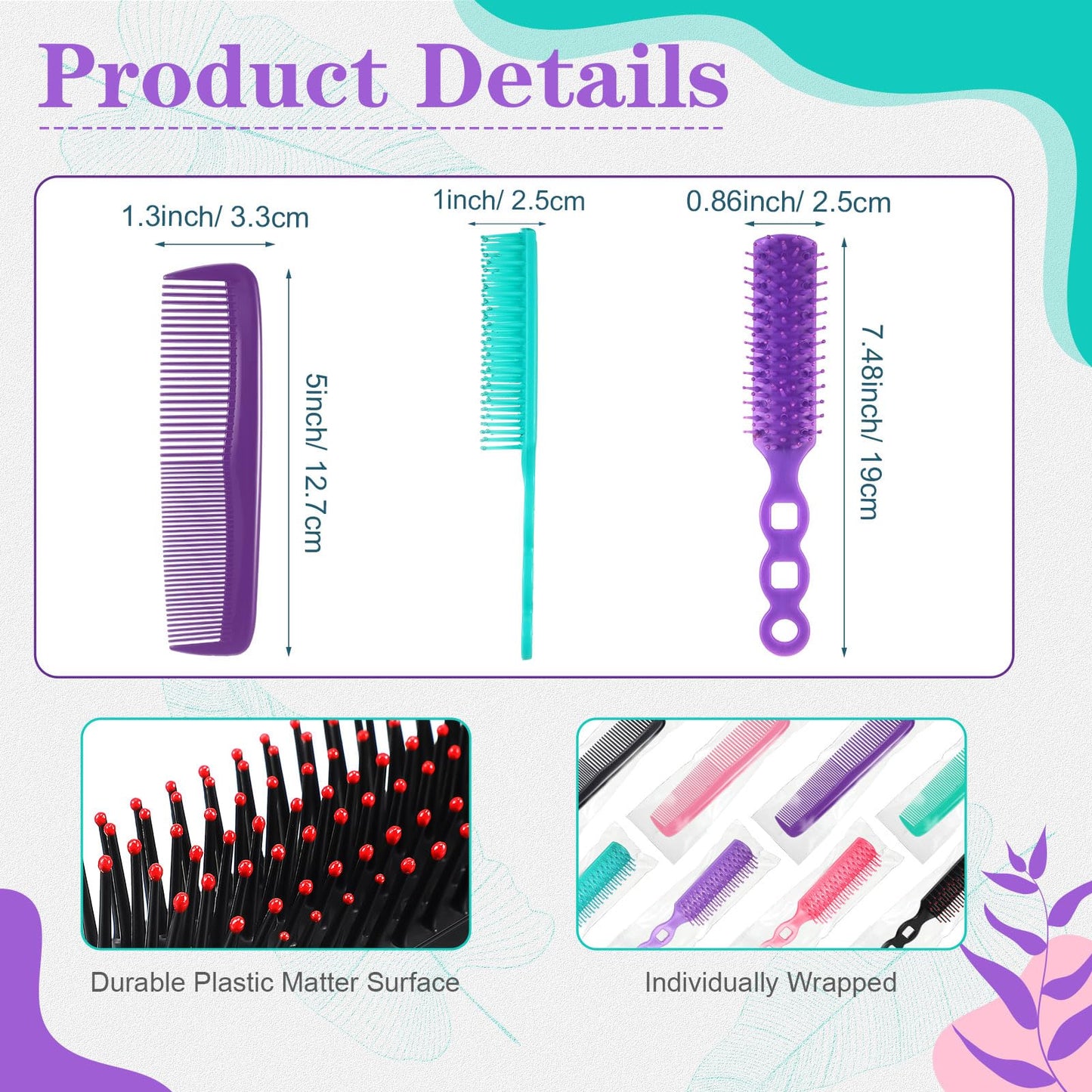 SiliFine 72 Pcs Bulk Hair Brushes Combs Set for Homeless Individually Wrapped Hairbrushes Bulk Curly Thick Long Smoothing Detangling Hairbrushes for Women Hotel Homeless Nursing Charity (Multicolor)
