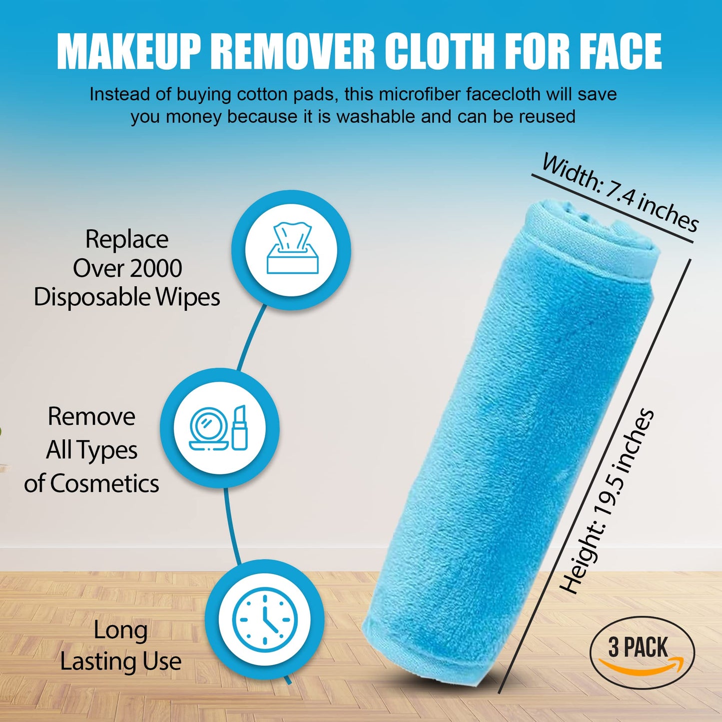 Makeup Remover Face Towel for Women - Quick Dry Wash Cloth for Gentle Facial Cleansing | Reusable Pack of 3