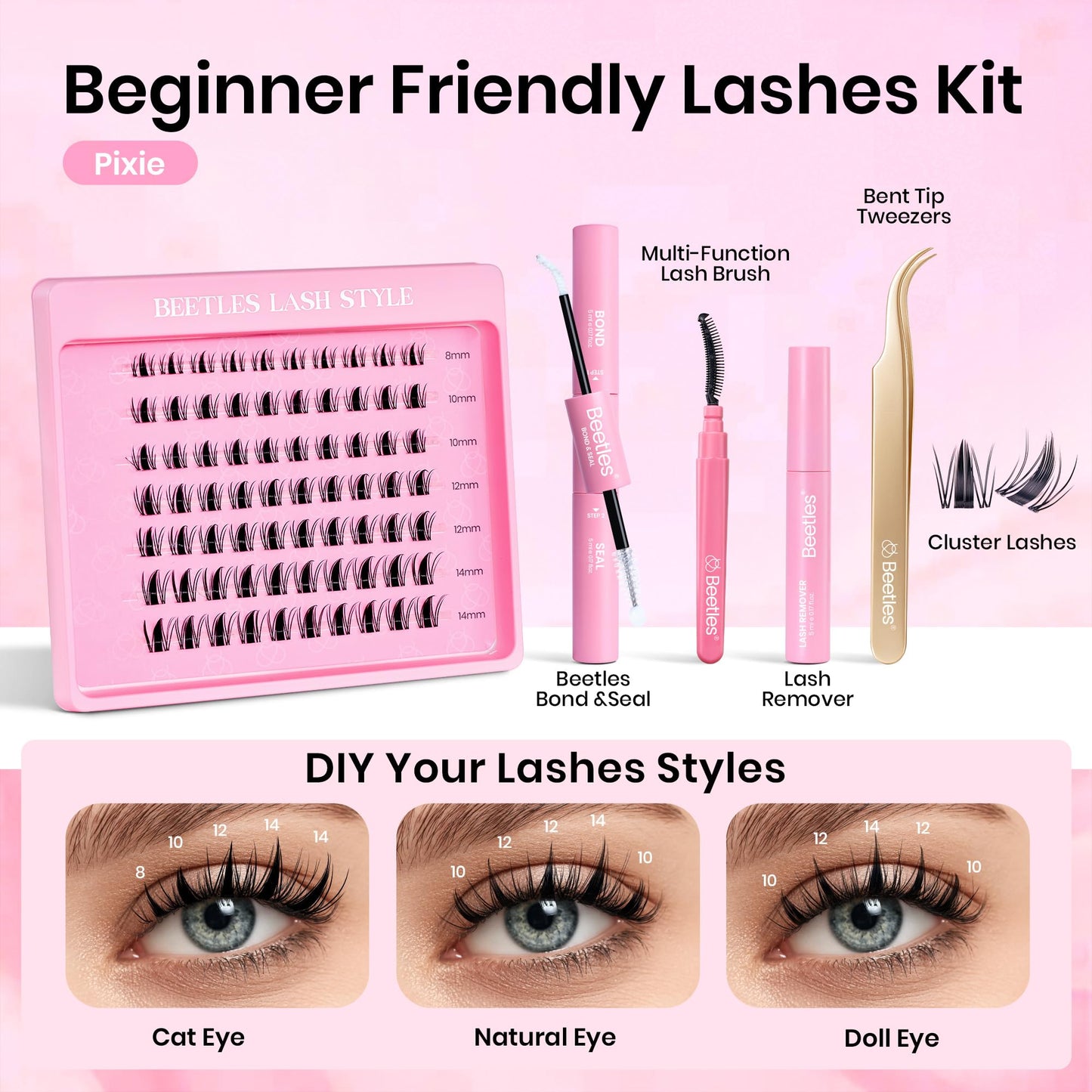 Beetles Lash Clusters Kit Dramatic Fluffy Lash Extension Kit 100 Pcs CC Curl 9-16mm False Eyelash Extension Set with 2-in-1 Bond and Seal Remover Brush Tweezers Eyelash Clusters Tempt KVT082