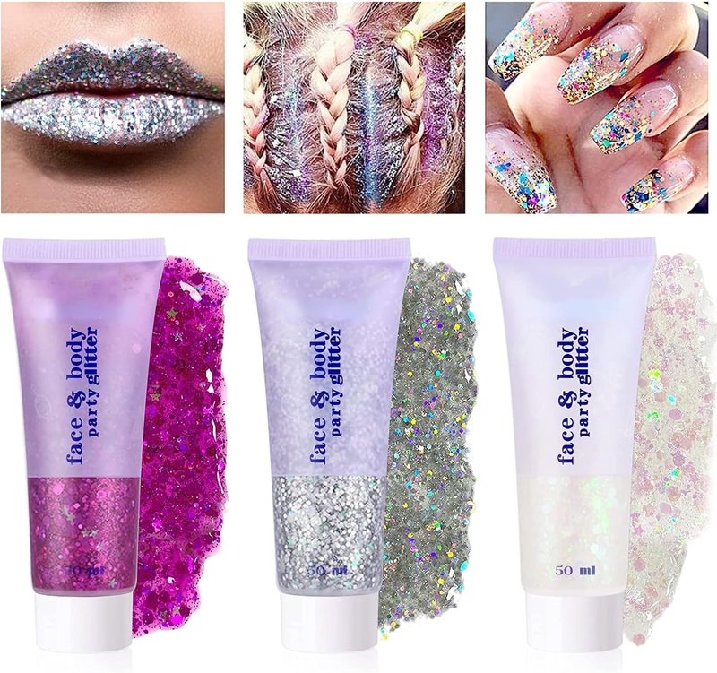 Neon Face and Body Glitter Gel - 3 Color Set for Parties | Blue, Gold & White Moonbeam