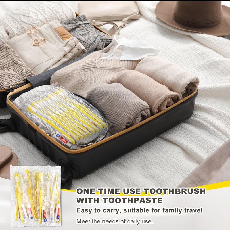 FAOEHN 200pcs Disposable Toothbrushes with Toothpaste and Floss,Yellow Bulk Single Use Toothbrush Floss Pick Individually Wrapped Disposable Travel Toothbrushes Kit for Homeless,Airbnb,Hotel,Guest