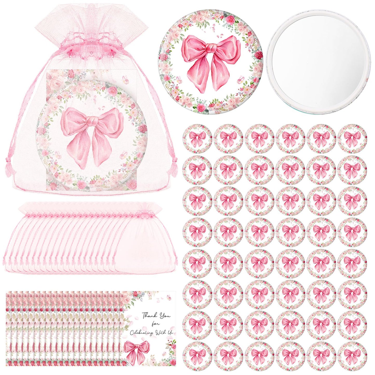 Namalu 48 Sets Coquette Pink Bow Party Favors Compact Mirror Bulk Pink Bow Gift Bag and Thank You Cards Bags for Baby Shower Bridal Wedding Guest Appreciation Gifts Gender Reveal