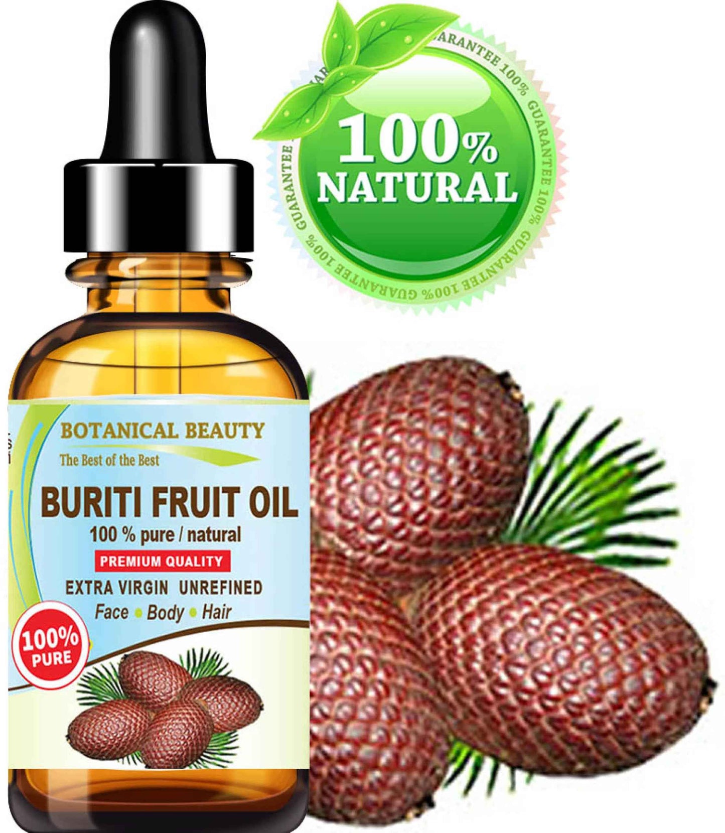 Botanical Beauty Brazilian BURITI FRUIT OIL 100% Pure Natural Virgin Unrefined Cold Pressed Carrier Oil Undiluted for Face, Body, Hair, Lip, Nails (1 Fl Oz)
