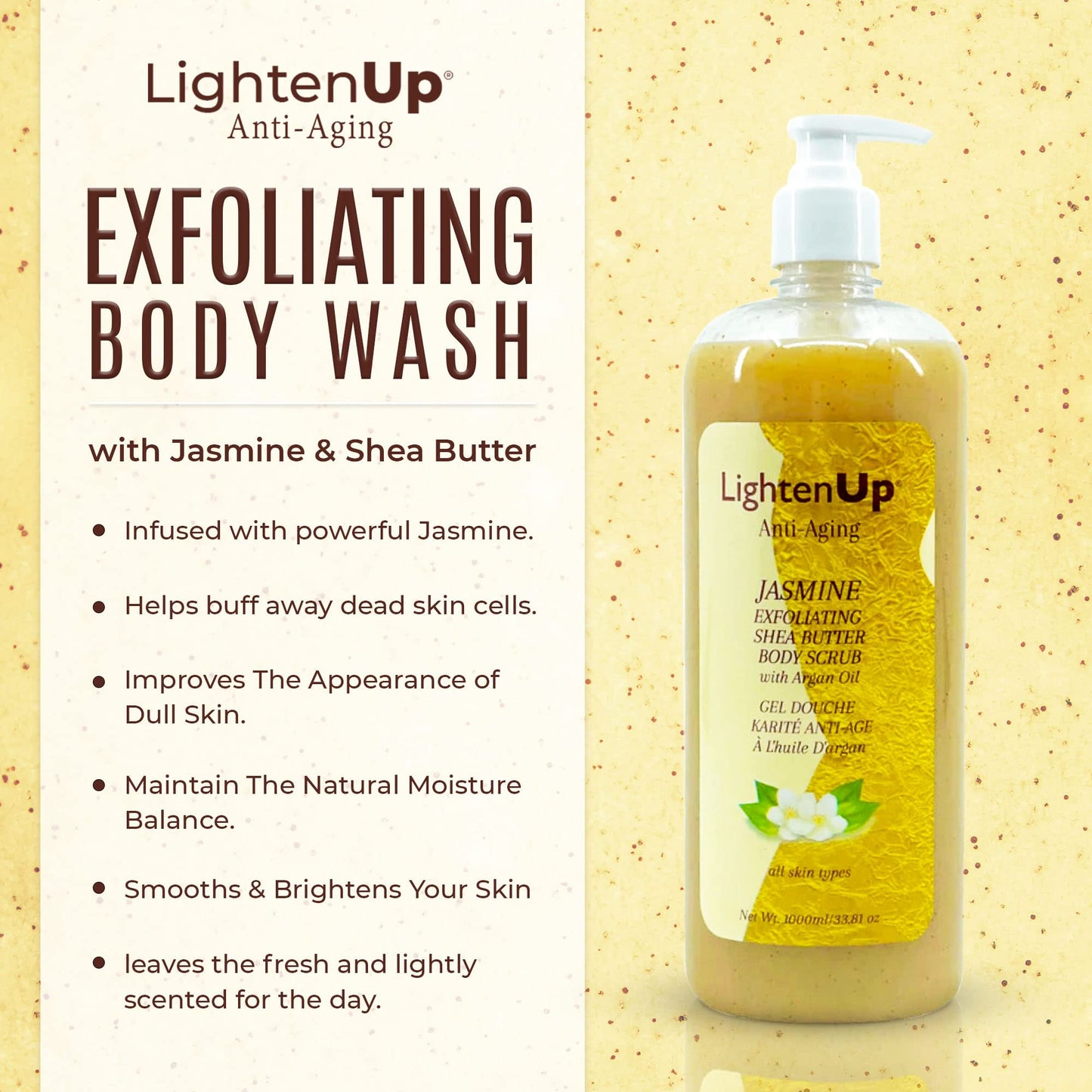 OMIC Lighten-Up LightenUp Exfoliating Body Wash - 33.8 Fl oz / 1000 ml - Formulated to Exfoliate and to Nourish Skin, with Shea Butter, Jasmine Oil Argan Oil